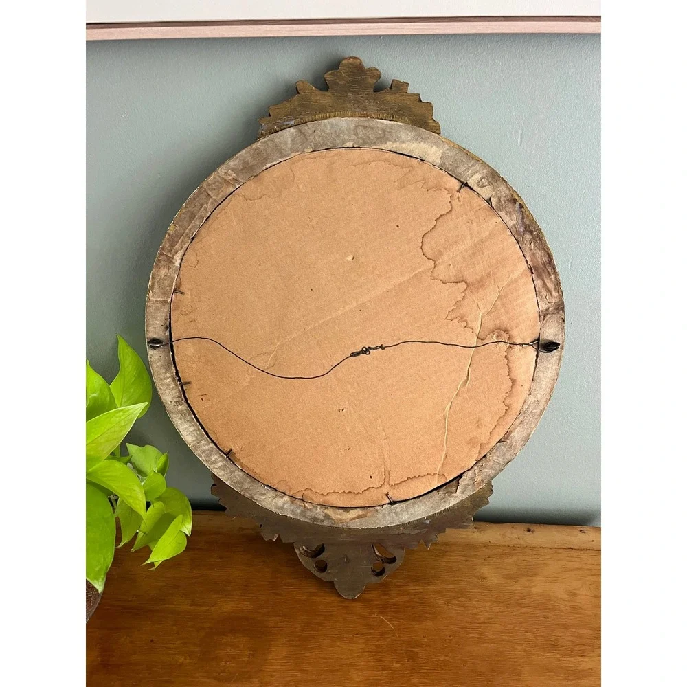 Vintage French Neoclassical Round Wood Wall Mirror Gilt Accents 22x16